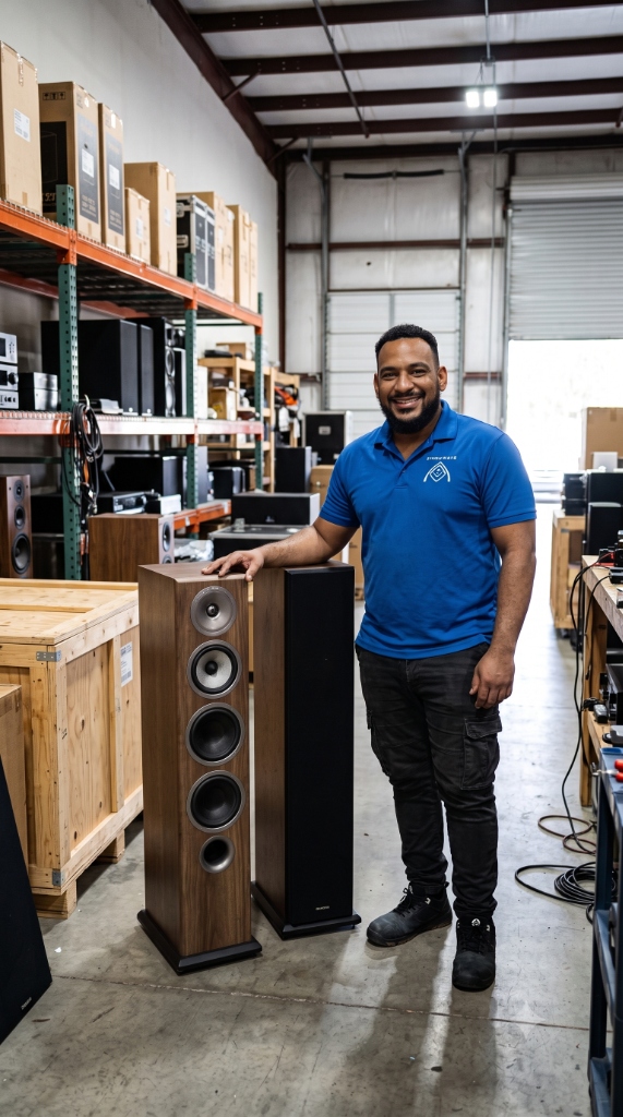 Philip Camps in the Dimenwave workshop with Dimenwave audio speakers