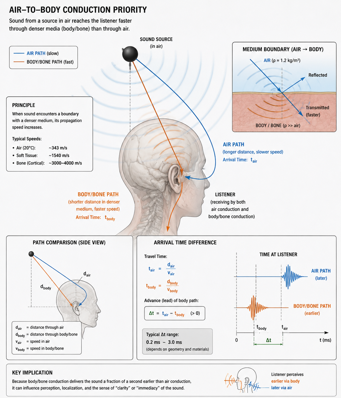 Air-to-Body Conduction Priority diagram showing sound paths and arrival times