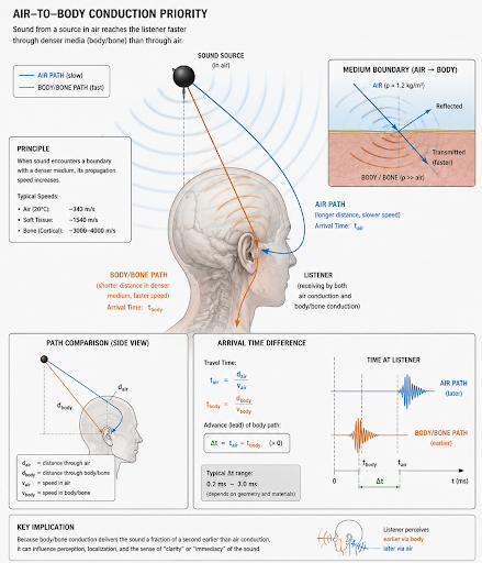 Air-to-Body Conduction Priority diagram showing sound paths and arrival times